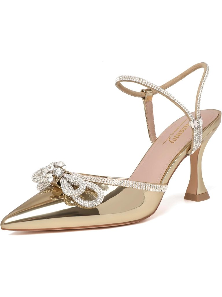 Women's Patent Gold Closed Toe Rhinestone Low Slingback Shoes Kitten Heels